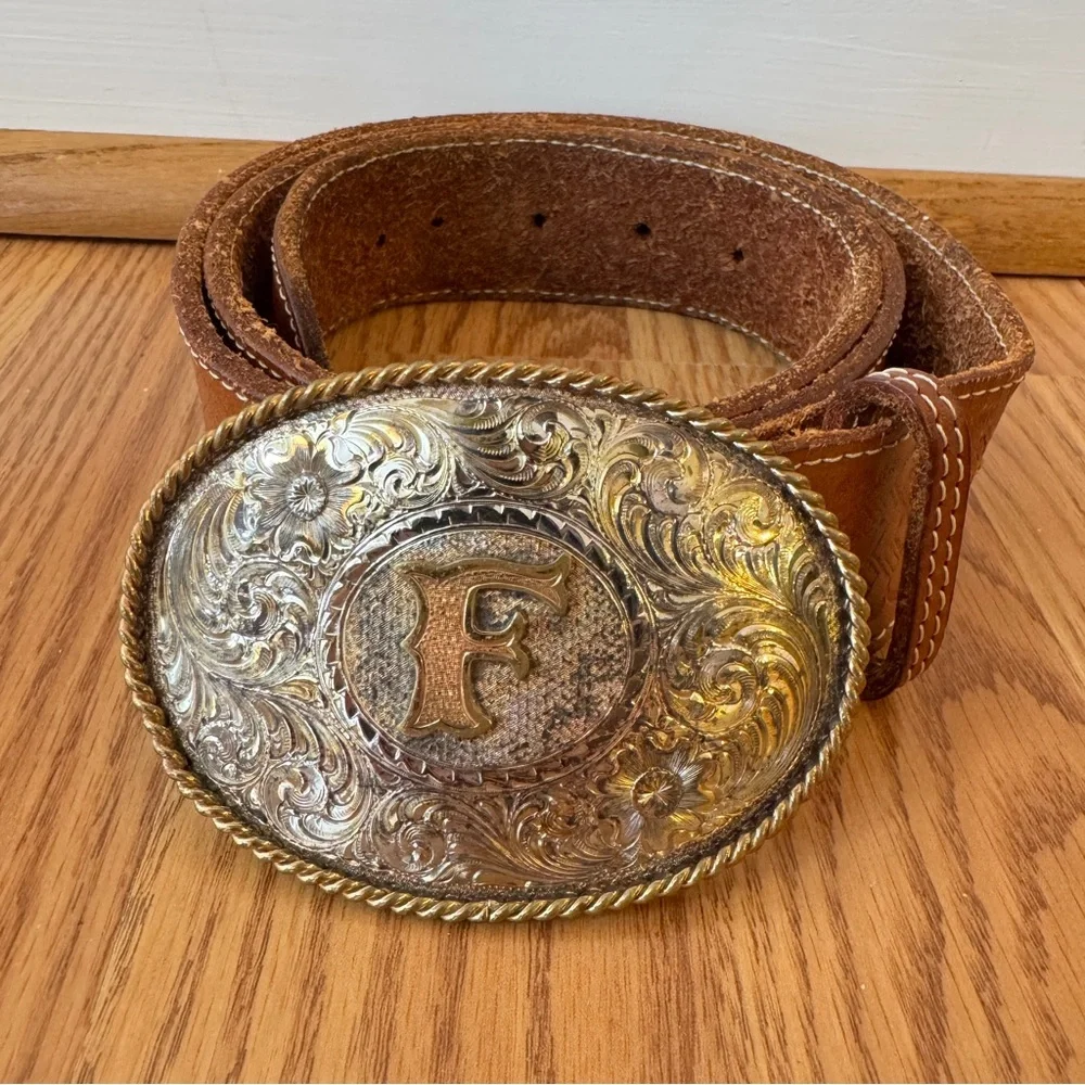 Vintage Montana Silversmith Initial Letter F Silver and Gold Buckle Leather Belt